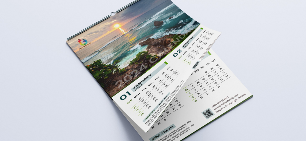 Calendario de pared con faldilla personalizado con logotipo de empresa.